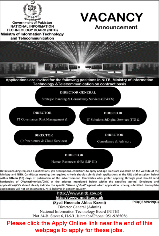 Director Jobs in National Information Technology Board Islamabad 2020 June Apply Online NITB Latest