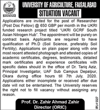 Researcher Jobs in University of Agriculture Faisalabad 2020 June UOA Latest