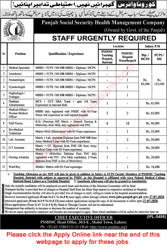 Punjab Social Security Health Management Company Jobs July 2020 Apply Online PSSHMC Hospitals Muzaffargarh & Lahore Latest