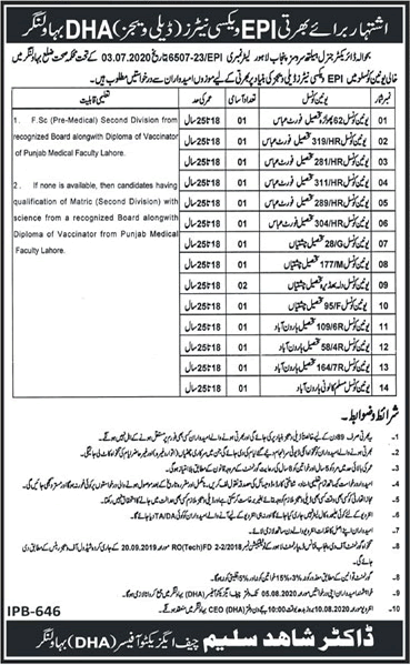 EPI Vaccinator Jobs in Health Department Bahawalnagar July 2020 Latest