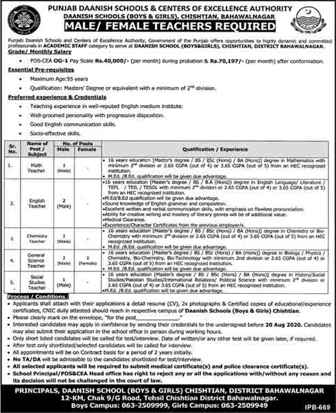 Teaching Jobs in Daanish School Chishtian 2020 July / August Bahawalnagar PDS&CEA Latest