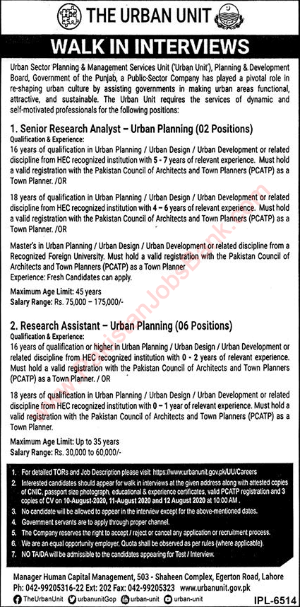 The Urban Unit Punjab Jobs August 2020 Walk In Interview Research Assistants & Analyst Latest
