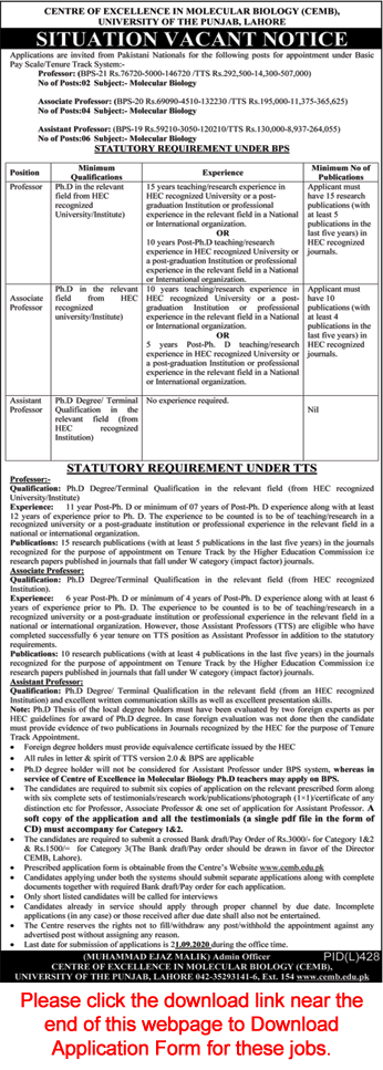 University of Punjab Lahore Jobs August 2020 Application Form Teaching Faculty CEMB Latest