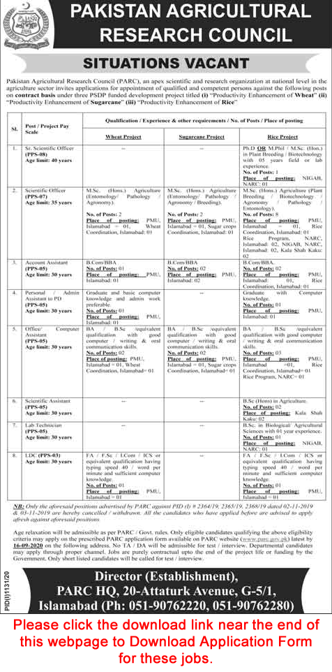 Pakistan Agriculture Research Council Jobs September 2020 PARC Application Form Scientific Officers & Others Latest