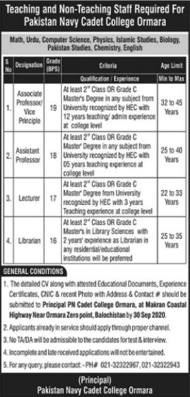 Pakistan Navy Cadet College Ormara Jobs 2020 September Teaching Faculty & Librarian Latest