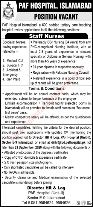 Staff Nurse Jobs in PAF Hospital Islamabad 2020 September Pakistan Air Force Latest