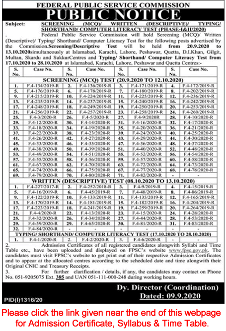 FPSC Written / Shorthand / Typing Test Schedule 2020 September Roll Number Slip & Syllabus Download Latest