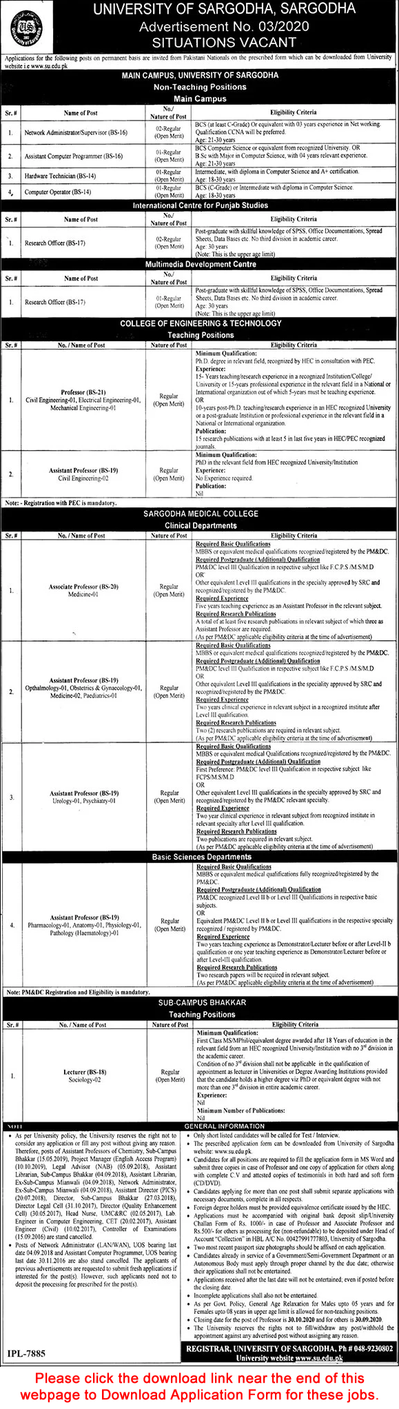 University of Sargodha Jobs September 2020 UOS Application Form SU Teaching Faculty & Others Latest