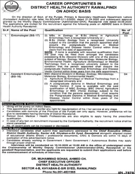 District Health Authority Rawalpindi Jobs September 2020 Assistant / Entomologists in Health Department Latest