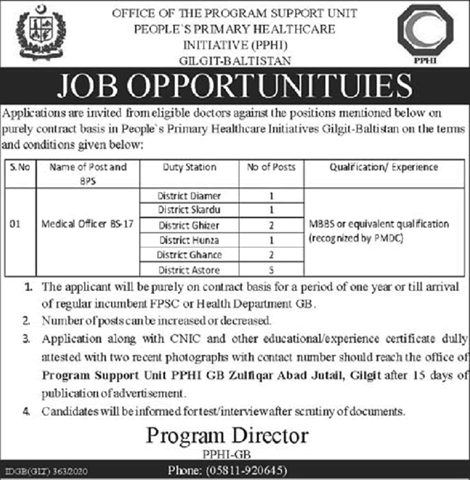 Medical Officer Jobs in PPHI Gilgit Baltistan 2020 September People's Primary Healthcare Initiative Latest