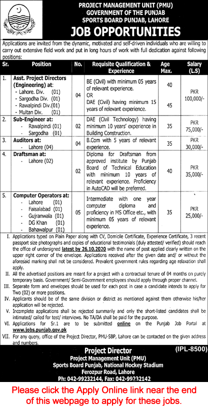 Sports Board Punjab Jobs 2020 October Apply Online Computer Operators, Auditors & Others Latest
