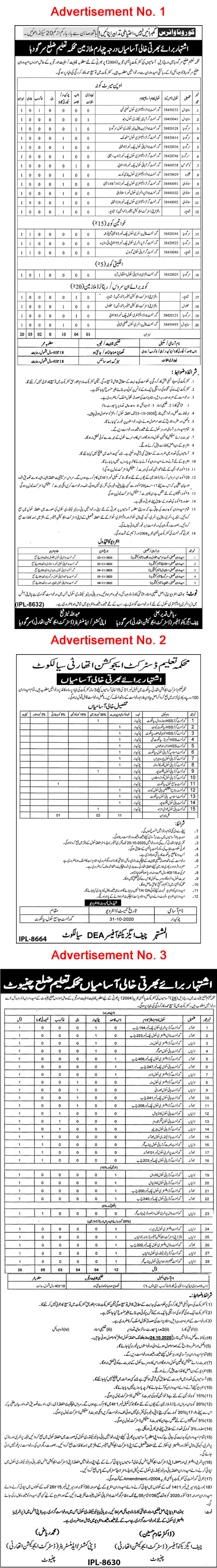 Education Department Sargodha / Sialkot / Chiniot Jobs October 2020 Punjab District Education Authority Latest