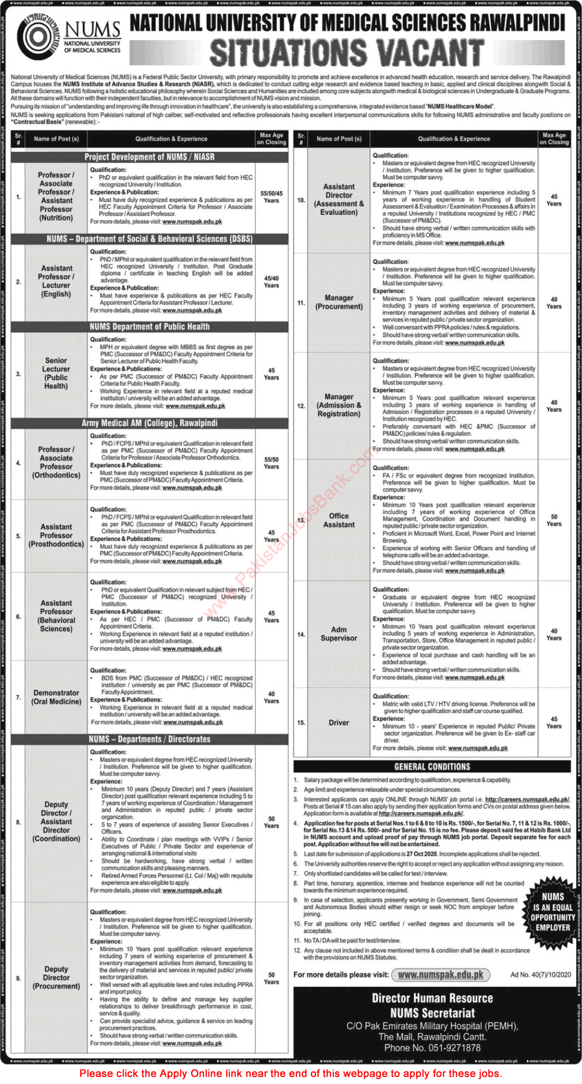 NUMS University Rawalpindi Jobs October 2020 Apply Online National University of Medical Sciences Latest