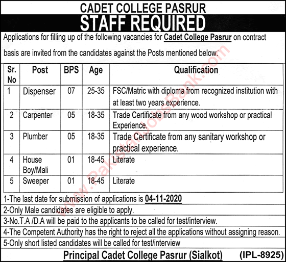 Cadet College Pasrur Jobs October 2020 Dispenser, Carpenter, Plumber & Others Latest