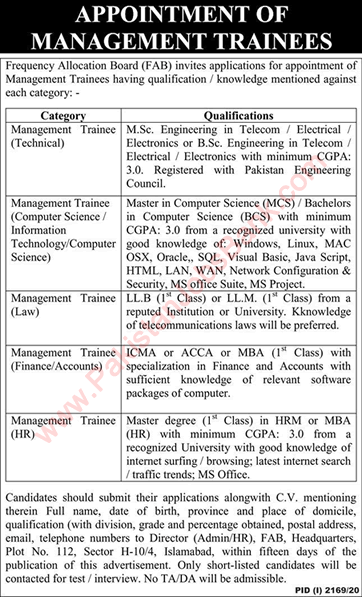 Management Trainee Jobs in Frequency Allocation Board Islamabad 2020 October FAB Latest