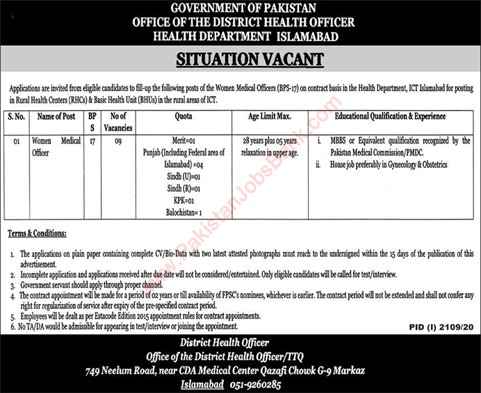 Women Medical Officer Jobs in Health Department Islamabad 2020 October at RHC & BHU Latest