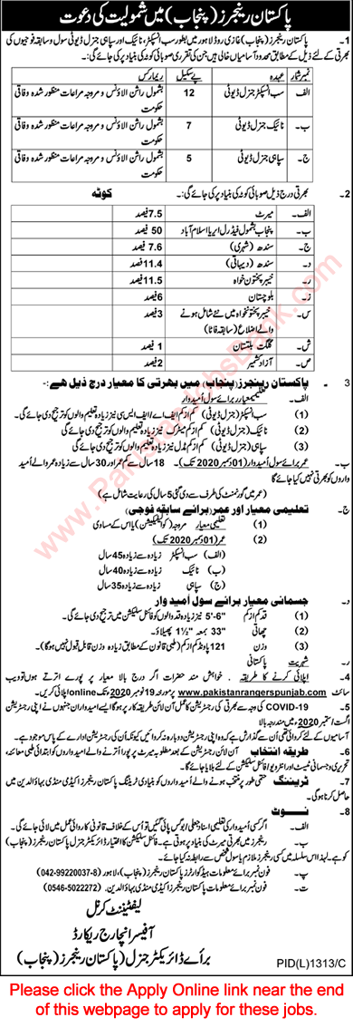 Pakistan Rangers Punjab Jobs November 2020 Apply Online Registration Sub Inspectors, Naik & Sipahi Latest