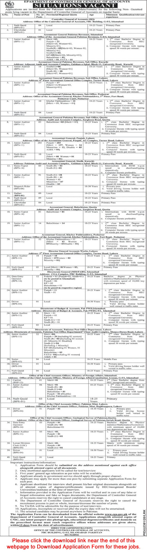 Controller General of Accounts Pakistan Jobs 2020 November Application Form Junior Auditors & Others Latest