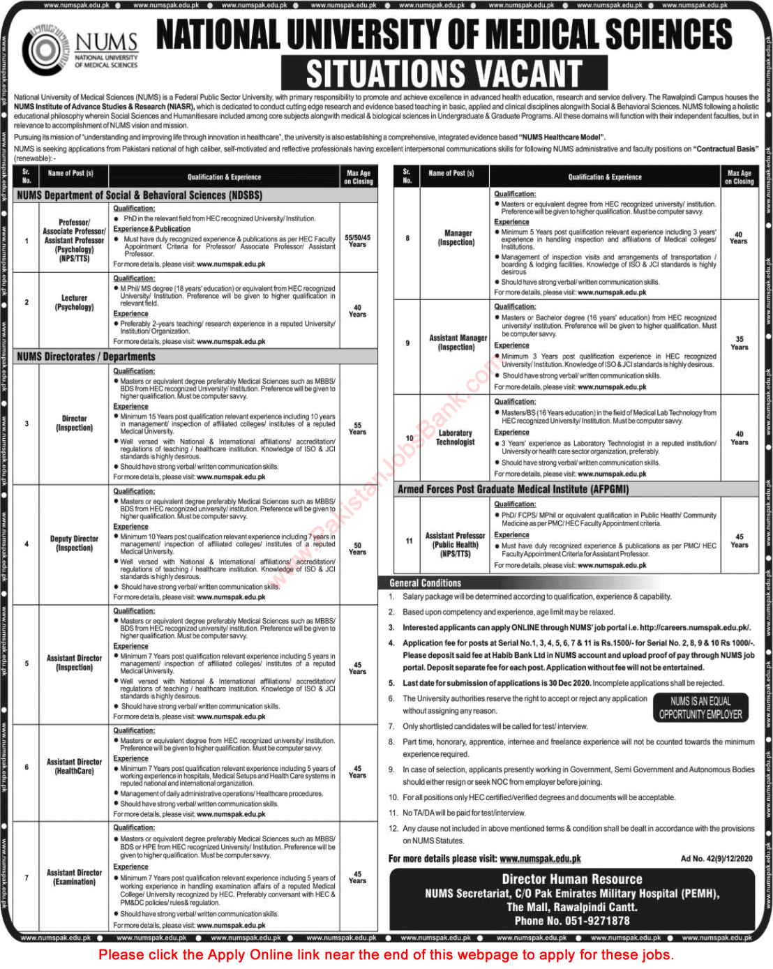 NUMS University Rawalpindi Jobs December 2020 Apply Online Teaching Faculty & Others Latest