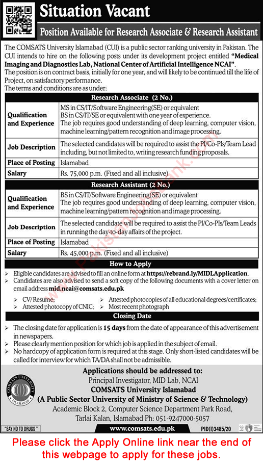 Research Associate / Assistant Jobs in COMSATS University Islamabad 2021 CUI Apply Online Latest