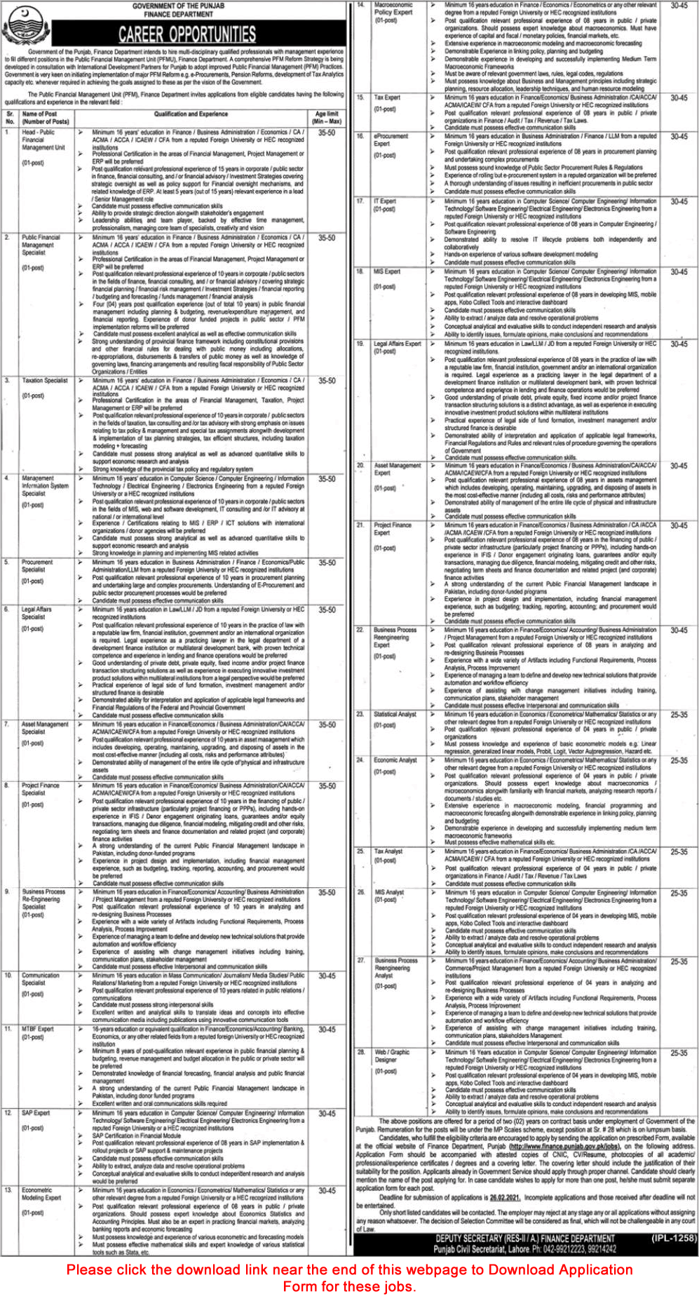 Finance Department Punjab Jobs 2021 February Application Form Specialists, Experts, Analysts & Others Latest