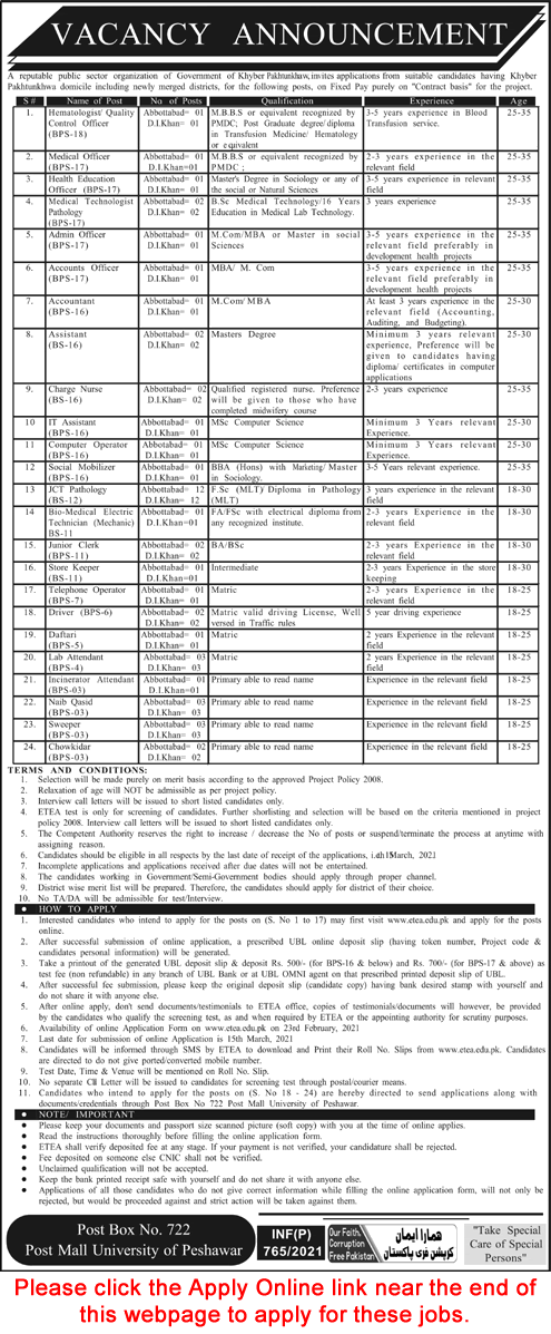 PO Box 722 Post Mall University of Peshawar Jobs 2021 February ETEA Apply Online Public Sector Organization Latest