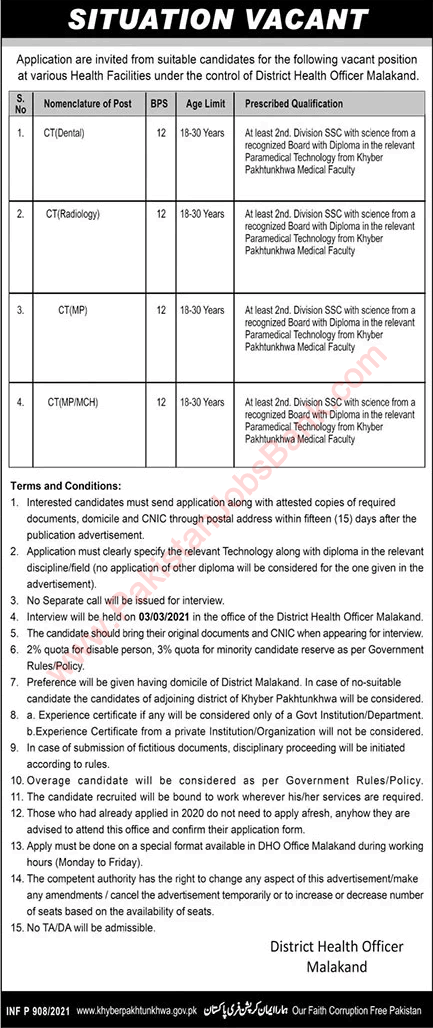 Medical Technician Jobs in Health Department Malakand 2021 February Clinical Technicians Latest