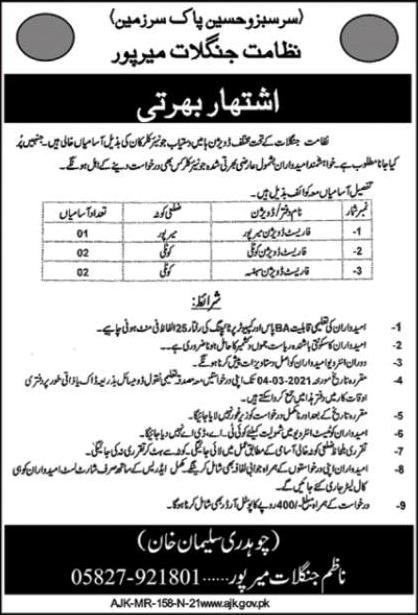 Clerk Jobs in Forest Department Mirpur 2021 February AJK Latest