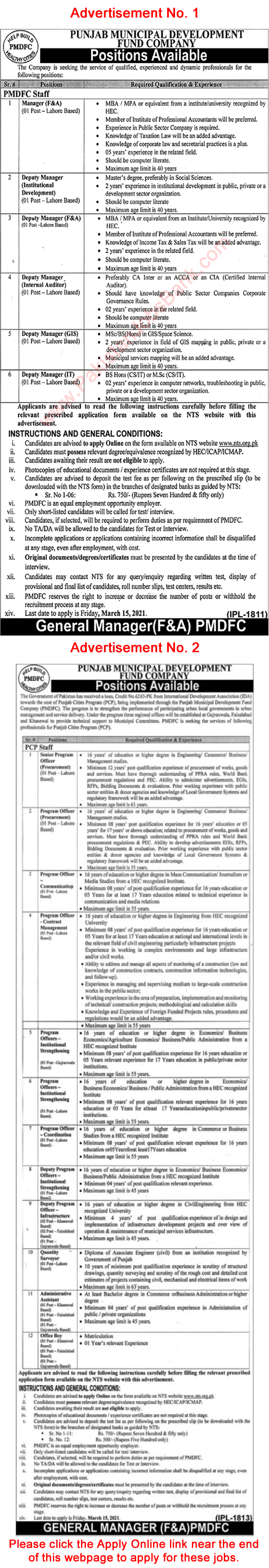 Punjab Municipal Development Fund Company Jobs 2021 February PMDFC NTS Apply Online Program Officers & Others Latest