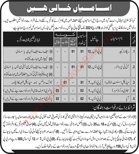 CMH Abbottabad Jobs 2021 February / March Combined Military Hospital Latest