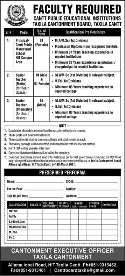 Cantonment Public Educational Institutions Taxila Jobs 2021 February / March Teaching Faculty & Principal Latest
