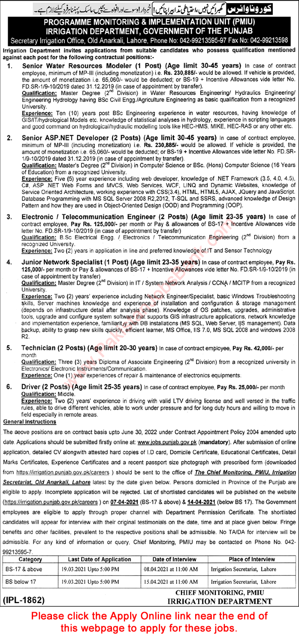 Irrigation Department Punjab Jobs February 2021 March Apply Online Latest