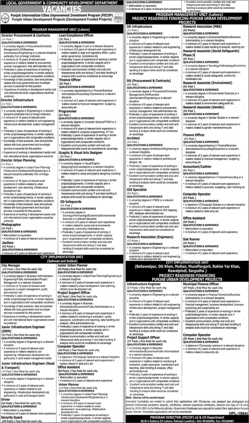 Local Government and Community Development Department Punjab Jobs 2021 March PICIIP Latest