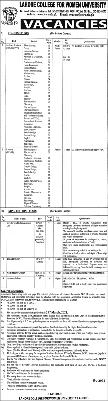 Lahore College for Women University Jobs 2021 March Teaching Faculty & Others LCWU Latest