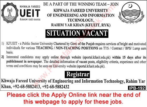 Khawaja Fareed University Rahim Yar Khan Jobs 2021 March Apply Online KFUEIT Latest