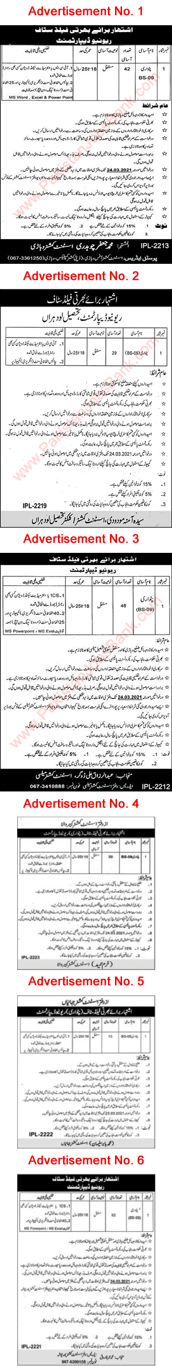 Revenue Department Punjab Jobs 2021 March Patwari in Vehari / Khanewal / Lodhran Latest