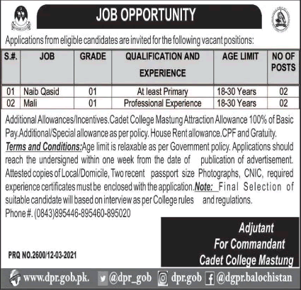 Cadet College Mastung Jobs 2021 March Naib Qasid & Mali Latest