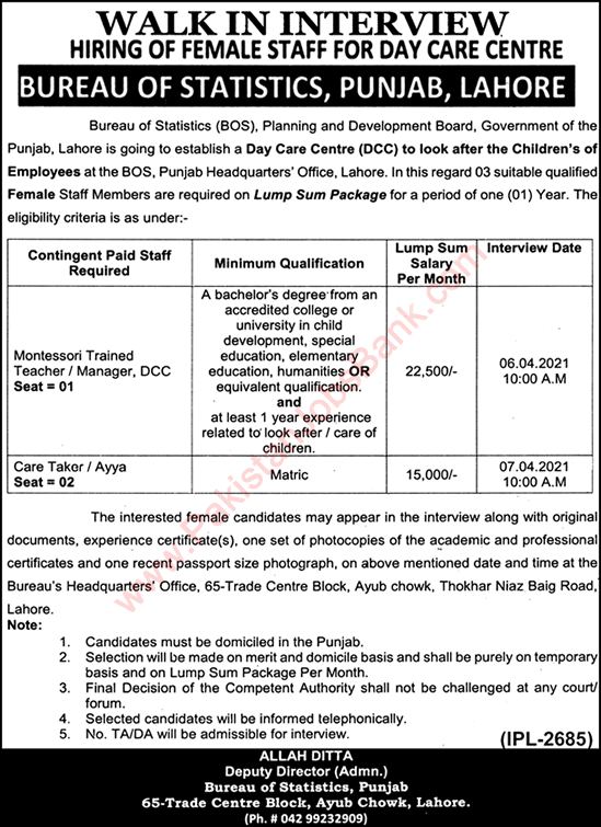 Bureau of Statistics Punjab Jobs 2021 March Lahore Montessori Teachers & Caretaker Walk in Interview Latest