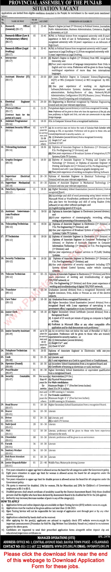 Provincial Assembly of Punjab Jobs 2021 March / April OTS Application Form Security Constables & Others Latest