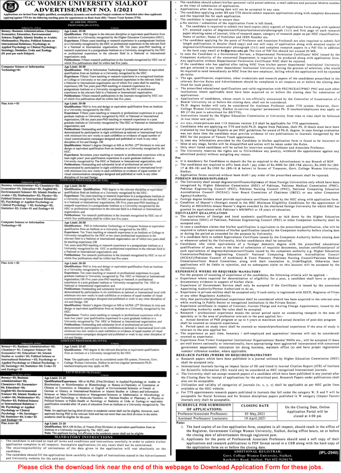 Teaching Faculty Jobs in GC Women University Sialkot 2021 March / April Application Form Latest