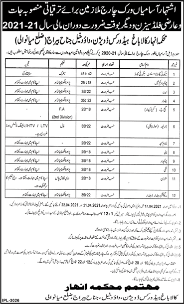 Irrigation Department Mianwali Jobs 2021 April Gauge Readers, Chowkidar, Baildar & Others Latest