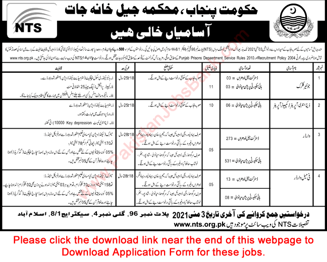 Prison Department Punjab Jobs 2021 April NTS Application Form Warders & Others Jail Department Latest