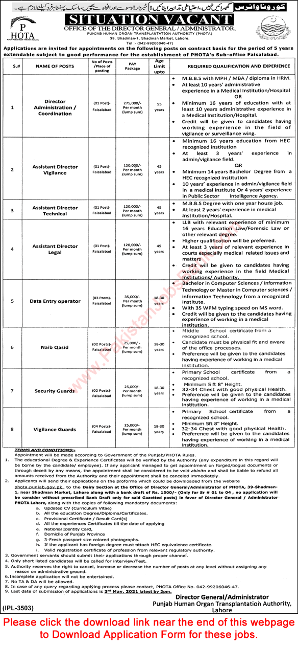 Punjab Human Organ Transplantation Authority Faisalabad Jobs 2021 April Application Form PHOTA Latest