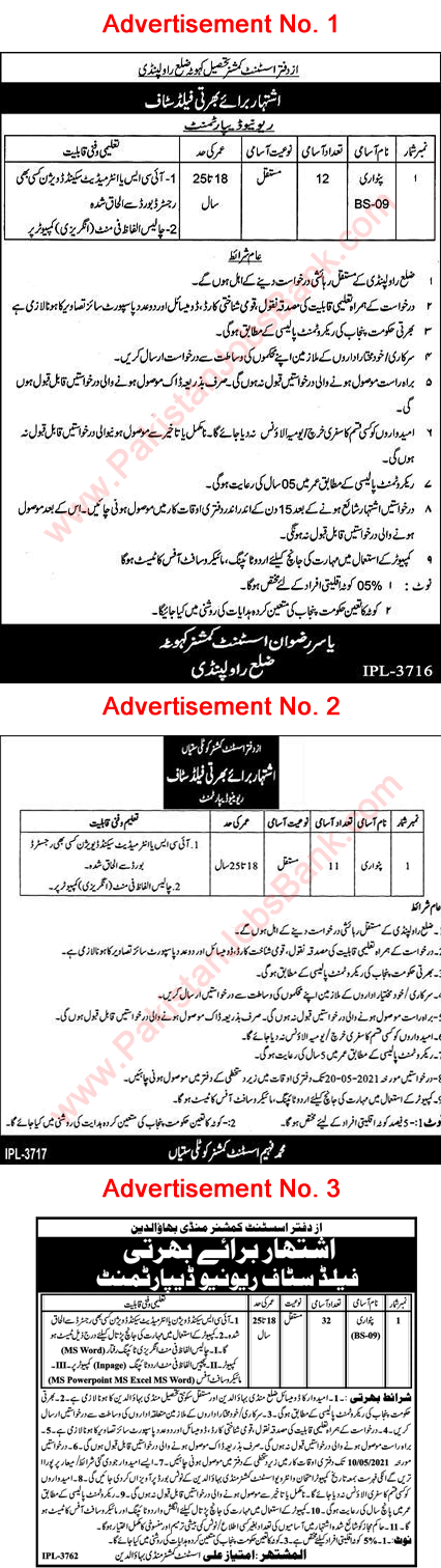 Patwari Jobs in Revenue Department Punjab April 2021 in Kahuta, Kotli Sattian & Mandi Bahauddin Latest