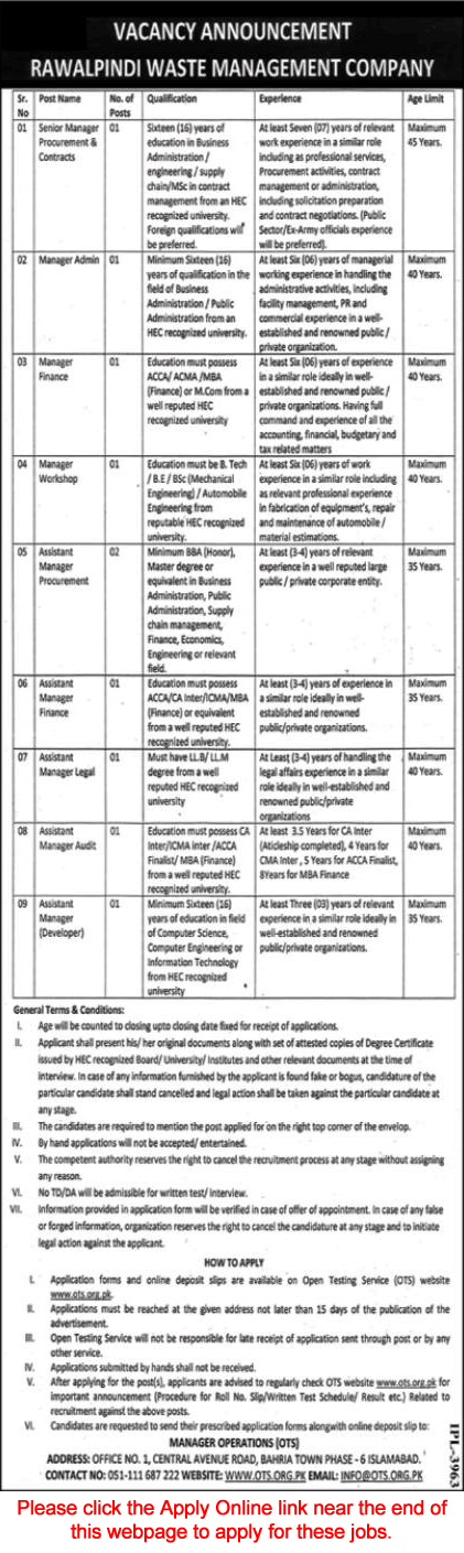Rawalpindi Waste Management Company Jobs 2021 April / May RWMC OTS Apply Online Assistant Managers & Others Latest