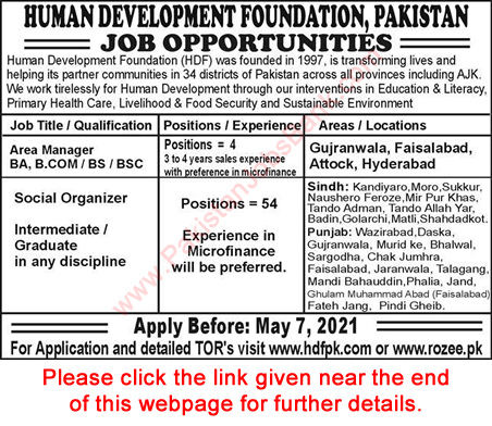 Human Development Foundation Pakistan Jobs 2021 May Social Organizers & Area Managers HDF Latest
