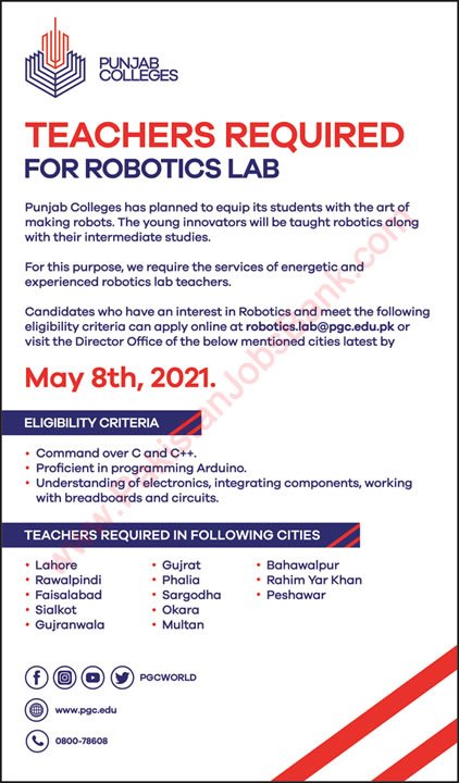 Punjab Group of Colleges Jobs 2021 May Teachers for Robotics Lab PGC Latest