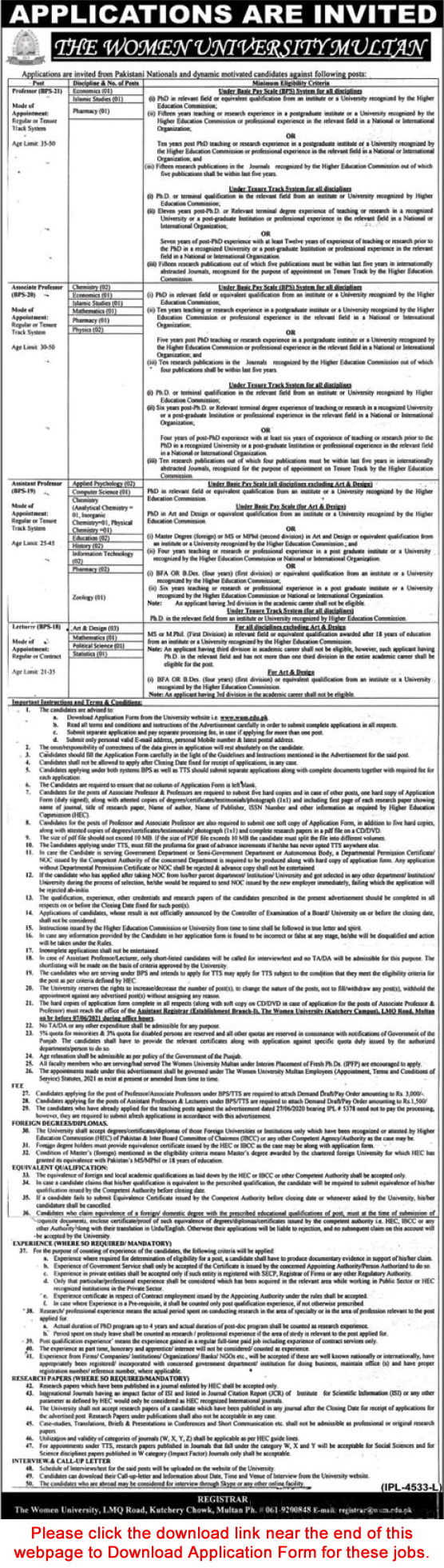 Teaching Faculty Jobs in Women University Multan May 2021 Application Form Latest