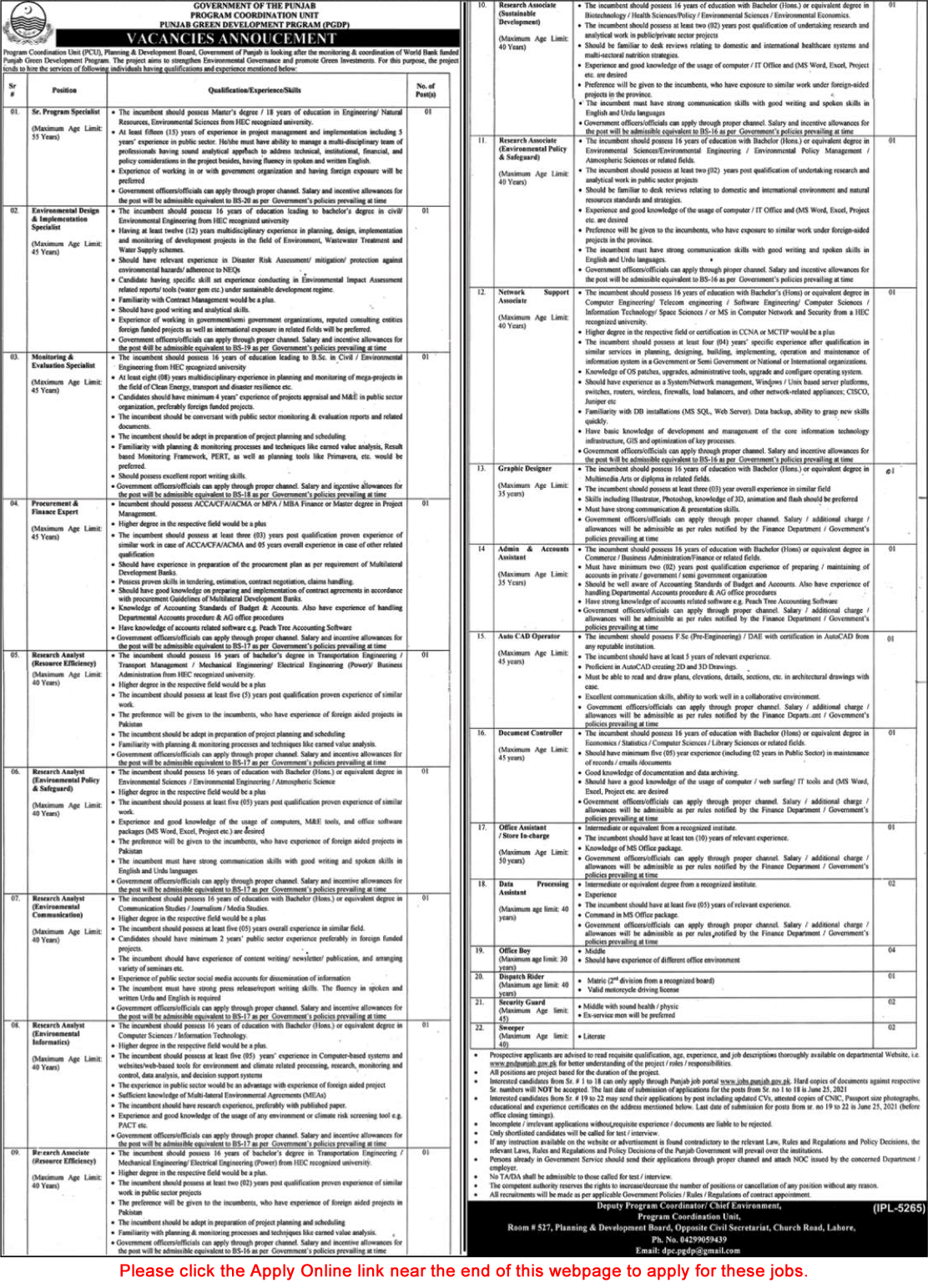 Punjab Green Development Program Jobs 2021 June PGDP Apply Online Research Analyst / Associate & Others