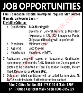 Staff Nurse Jobs in Fauji Foundation Hospital Rawalpindi 2021 June Latest